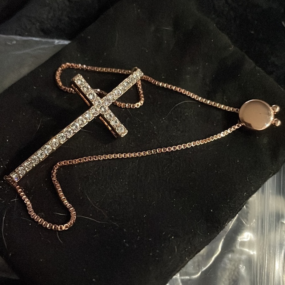 Rose Gold colored CZ cross bracelet by Joan Boyce - Picture 6 of 8